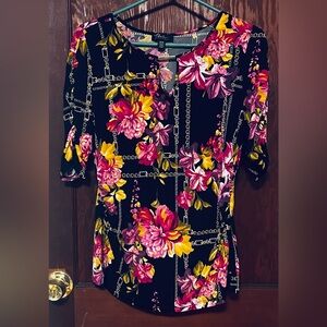 Thalia Sodi Black Dress with Pink and Yellow Floral Chain Design